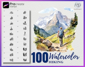 100 Procreate Watercolor Hiking Stamps, Hiking Stamps for procreate, Watercolor Hiking procreate stamp, Watercolor Procreate Stamps