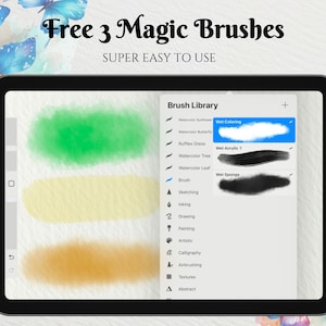 May include: A tablet screen showing a digital art app with a brush library. The library includes a range of brushes, including watercolour, acrylic, and sponge brushes. The text "Free 3 Magic Brushes" and "Super Easy To Use" is displayed at the top of the screen.