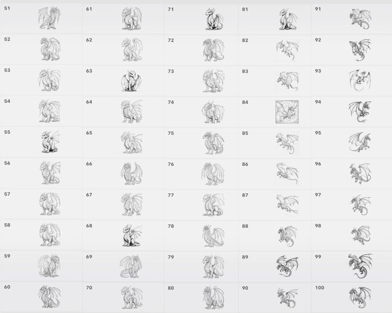 May include: A grid of 100 black and white line drawings of dragons, each with a unique design. The drawings are numbered from 51 to 100.