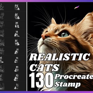 May include: A digital illustration of a cat with green eyes looking upwards. The image is a Procreate stamp with the text "Realistic Cats 130 Procreate Stamp".