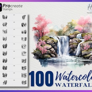 May include: A set of 100 watercolor stamps featuring a waterfall scene with pink cherry blossom trees. The stamps are designed for use with the Procreate app.