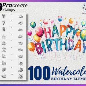Puede incluir: 100 elementos de cumpleaños en acuarela, incluyendo globos, velas y pastel, en una variedad de colores. El texto "HAPPY BIRTHDAY" está escrito en letras grandes y coloridas.
