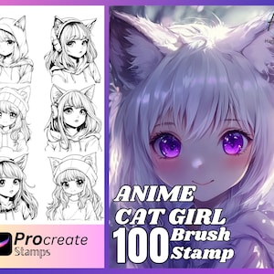 May include: Digital art featuring anime-style cat girls. The image includes a detailed illustration of a cat girl with purple eyes and white hair, and a set of Procreate stamps. Text reads "ANIME CAT GIRL 100 BRUSH STAMP."
