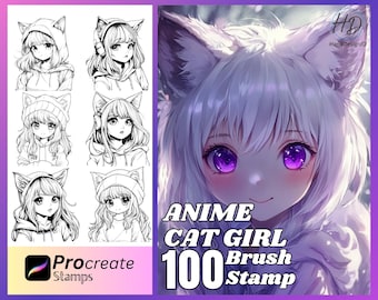 100 Anime Cat Girl Procreate Stamps: Brush Set (Digital Download)