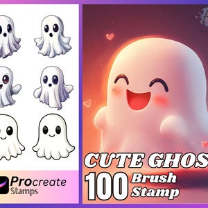 May include: A set of 100 cute ghost brush stamps for Procreate. The stamps feature various expressions and poses of ghosts with hearts and blush.