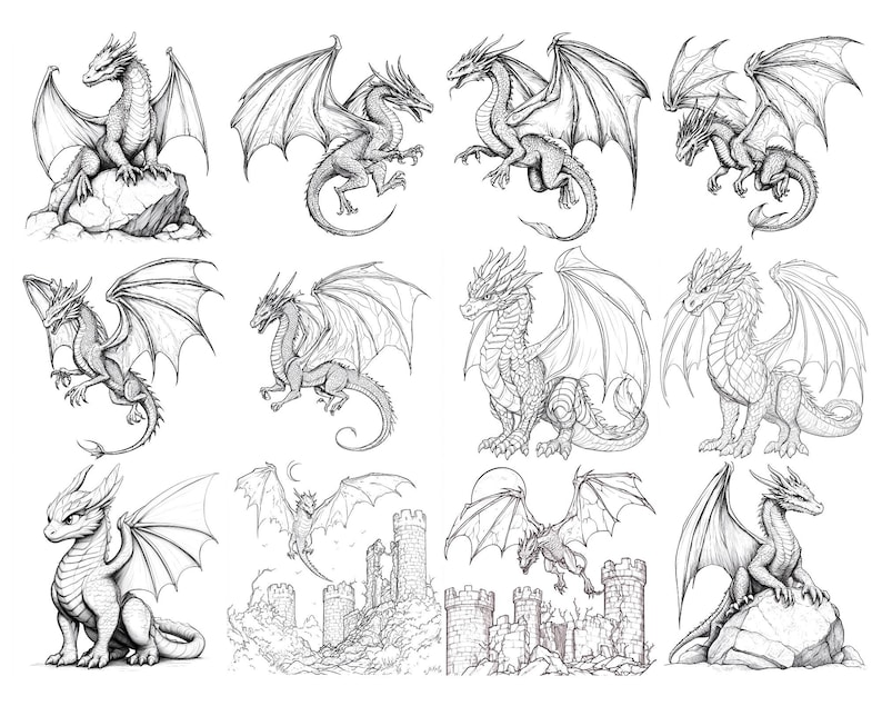 May include: A collection of ten black and white line drawings of dragons in various poses. Some dragons are flying, some are standing, and some are perched on rocks. The drawings are detailed and intricate, with a focus on the dragons' scales, wings, and claws.
