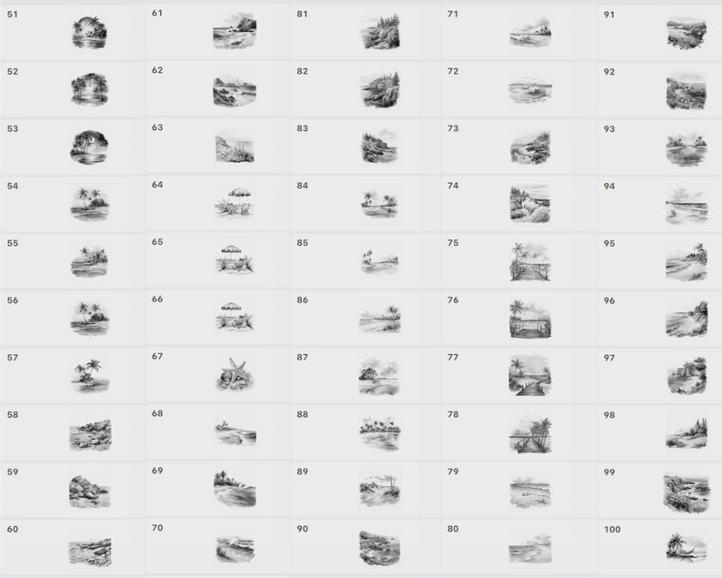 May include: A set of 100 black and white pencil drawings of various beach scenes. The drawings depict palm trees, beaches, seashells, and other beach-related imagery.