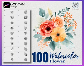 100 Procreate Watercolor Flower Stamps, Flower Stamps for procreate, Watercolor Flower procreate stamp, Watercolor Procreate Stamps