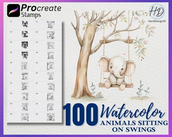 100 Watercolor Animal Swing Stamps for Procreate (Digital Download)