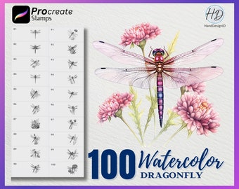 100 Watercolor Dragonfly Procreate Stamps (Digital Download)