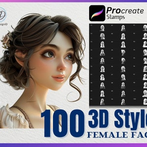 100 Procreate 3D 女性の顔スタンプ、Procreate 用 3D 女性の顔スタンプ、顔 Procreate スタンプ、3D スタイル Procreate スタンプ