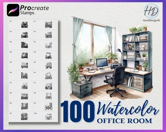 100 Procreate Watercolor Office Room Stamps, Stamps for procreate, Watercolor Office Room procreate stamp, Watercolor Procreate Stamps