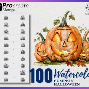 May include: 100 watercolor pumpkin stamps for Procreate. The stamps feature various designs of pumpkins with different expressions and details. The image shows three pumpkins with jack-o'-lantern faces, one with a wide grin and two with smaller smiles. The pumpkins are painted in a realistic style with orange, yellow, and brown hues.