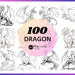 May include: A set of 100 black and white dragon illustrations for Procreate. The illustrations feature dragons in various poses, including flying, sitting, and standing.