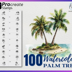 Könnte beinhalten: Ein Set mit 100 Aquarell-Palmenbaum-Stempeln für Procreate. Die Stempel sind in Schwarzweiß gehalten und zeigen verschiedene Palmenbaum-Designs. Das Bild zeigt auch zwei Aquarell-Palmen auf einer kleinen Insel.