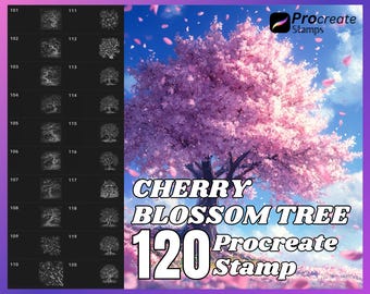 Könnte beinhalten: Eine digitale Illustration eines rosa Kirschbaums mit fallenden Blütenblättern. Das Bild enthält einen Satz von 120 Procreate-Stempeln von Kirschbäumen in verschiedenen Stilen. Der Text "Cherry Blossom Tree 120 Procreate Stamp" wird auf dem Bild angezeigt.