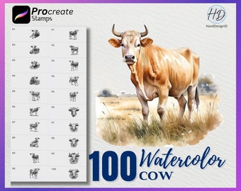 100 sellos de acuarela de vaca para Procreate: Set de pinceles de animales (descarga digital)