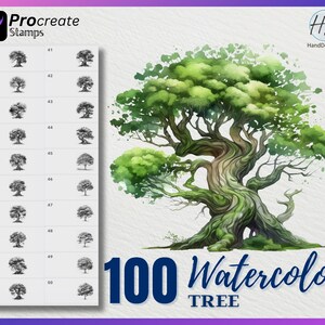 May include: A set of 100 watercolor tree stamps for Procreate. The stamps are in black and white and feature a variety of tree shapes. The image also shows a large watercolour painting of a tree with green leaves and a brown trunk.