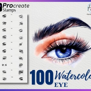 May include: A set of 100 watercolor eye stamps for Procreate. The stamps are in black and white and feature a variety of eye shapes and styles. The image also includes a close-up of a single watercolor eye with blue iris and eyelashes.