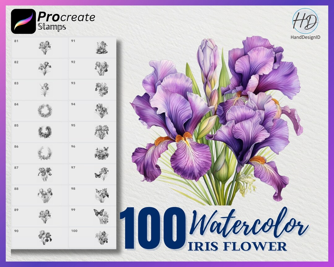 100 Watercolor Iris Flower Procreate Stamps (digital Download) - Etsy