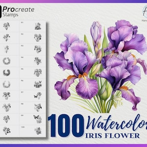 May include: A set of 100 Procreate stamps featuring watercolor iris flowers in shades of purple and green. The stamps are designed for use in the Procreate app for digital art and illustration.