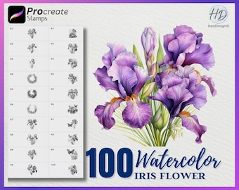 100 Carimbos de Flor de Íris em Aquarela para Procreate (Download Digital)