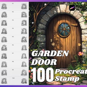 May include: A set of 100 black and white Procreate stamps featuring a whimsical garden door with vines and flowers. The stamps are designed for use in digital art and illustration.