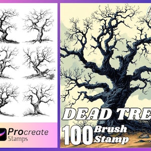 May include: A set of 100 Procreate stamps featuring black and white illustrations of dead trees. The stamps are designed for use in digital art and illustration.