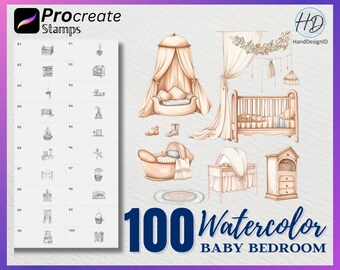 100 Watercolor Baby Bedroom Procreate Stamps (Digital Download)