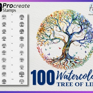 May include: A set of 100 watercolor tree of life stamps for Procreate. The stamps are in a circular shape and feature a colorful tree with intricate roots and branches. The tree is surrounded by butterflies and leaves.