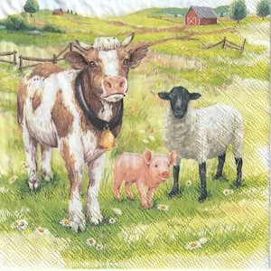 Ensemble de serviettes pour découpage, arts techniques mixtes, créations manuelles en papier, journal artistique, vache, mouton, cochon, ferme, marguerite, jardin, grange, printemps