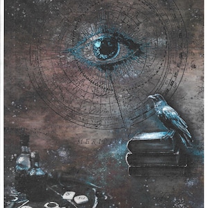 May include: An artistic print with a large eye at the center, surrounded by a celestial map design. A raven perches on stacked books. The background has a starry, cosmic theme. The print has a dark, moody aesthetic.
