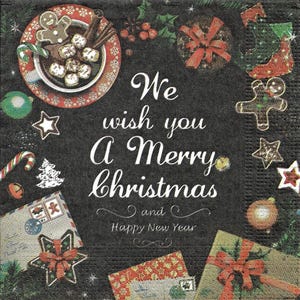 May include: A festive Christmas-themed napkin with a dark background. The napkin features a cup of hot chocolate with marshmallows, gingerbread men, candy canes, and the text "We wish you a Merry Christmas and Happy New Year."