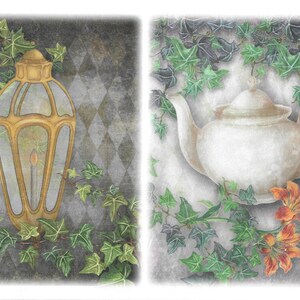 May include: A diptych featuring a golden lantern and a white teapot. The lantern has a glass enclosure and a candle-like light. The teapot is surrounded by green ivy and orange flowers, set against a textured gray background.