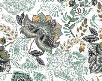 May include: White background with a repeating pattern of stylized floral and paisley designs. The design features shades of teal, gray, black, and gold. The overall aesthetic is reminiscent of vintage textiles or wallpaper.