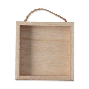 May include: A square, light-coloured wooden shadow box with a natural wood grain finish. It has a recessed interior and a thick frame. A twisted, natural-coloured rope is attached at the top for hanging. The box is empty.