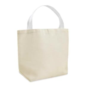 May include: A cream-coloured tote bag with white handles. The bag is made of a sturdy fabric and has a rectangular shape. The handles are attached at the top of the bag and are made of a woven material.