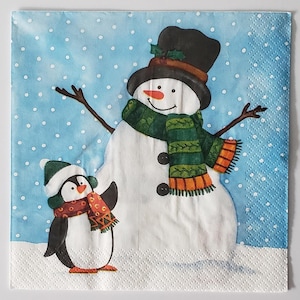 Napkin Set for Decoupage, Mixed Media Arts, Paper Crafts, Art Journaling, Penguin, Snowman, Christmas, Holiday, Snow, Winter