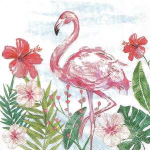 Napkin Set for Decoupage, Mixed Media Arts, Paper Crafts, Art Journaling, Flamingo, Flowers, Floral, Tropical