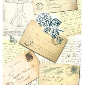 May include: A collage of vintage postcards with handwritten script, stamps, and floral illustrations. The postcards are in various sizes and orientations, with a faded, aged appearance. The background features a sketch of a human figure.