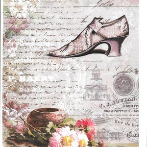 May include: A vintage-style paper with a faded aesthetic, featuring a high-heeled shoe, floral elements, and handwritten script. The design includes a decorative vase, flowers, and architectural sketches. The paper is labeled as "SOFT paper 40g/m²".