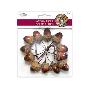 May include: A pack of 12 acorn picks for craft and decor. The acorns are brown with textured caps and attached to brown wire stems. The package has the text "ACORN PICKS PICS DES GLANDS".