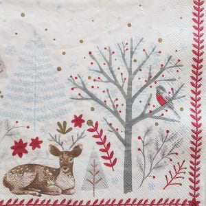 Napkin Set for Decoupage, Mixed Media Arts, Paper Crafts, Art Journaling, Deer, Bird, Woodland, Christmas, Winter, Red, Snow