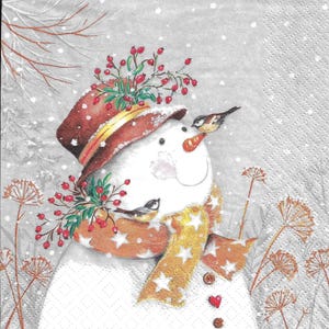 Napkin Set for Decoupage, Mixed Media Arts, Paper Crafts, Art Journaling, Winter, Christmas, Snowman, Holly, Snow, Holiday, Bird