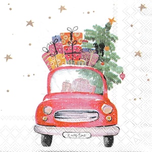 Napkin Set for Decoupage, Mixed Media Arts, Paper Crafts, Art Journaling, Winter, Evergreen, Christmas, Snow, Red Truck, Christmas Truck