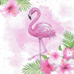 Napkin Set for Decoupage, Mixed Media Arts, Paper Crafts, Art Journaling, Flamingo, Flowers, Floral, Tropical, Pink