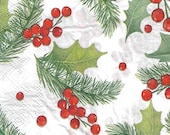 Napkin Set for Decoupage, Mixed Media Arts, Paper Crafts, Art Journaling, Holly, Berries, Christmas, Winter