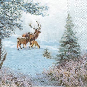 Napkin Set for Decoupage, Mixed Media Arts, Paper Crafts, Art Journaling, Wreath, Christmas, Snow, Reindeer, Deer, Winter, Field
