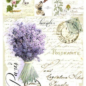 May include: A decorative collage with floral and butterfly illustrations, a lavender bouquet, and vintage postcard elements. The design includes the word "Paris" and script text, with a soft, aged aesthetic.