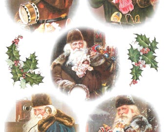 May include: Sheet of vintage Christmas-themed decoupage paper featuring multiple illustrations of Santa Claus. Santa is depicted in various poses, holding toys, a drum, and a telephone. Holly sprigs with red berries are also included.